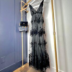Windsor Naomi Midnight Black Tulle Maxi Dress Velvet Lace Floral Design Lined